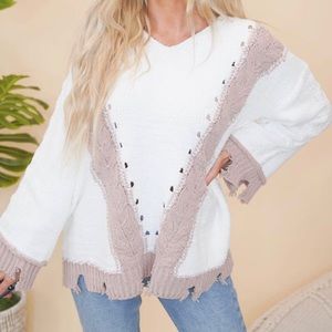 POL - Long Bell Sleeve V-Neck Distressed
Rib Knit Sweater with Lace Up Detail